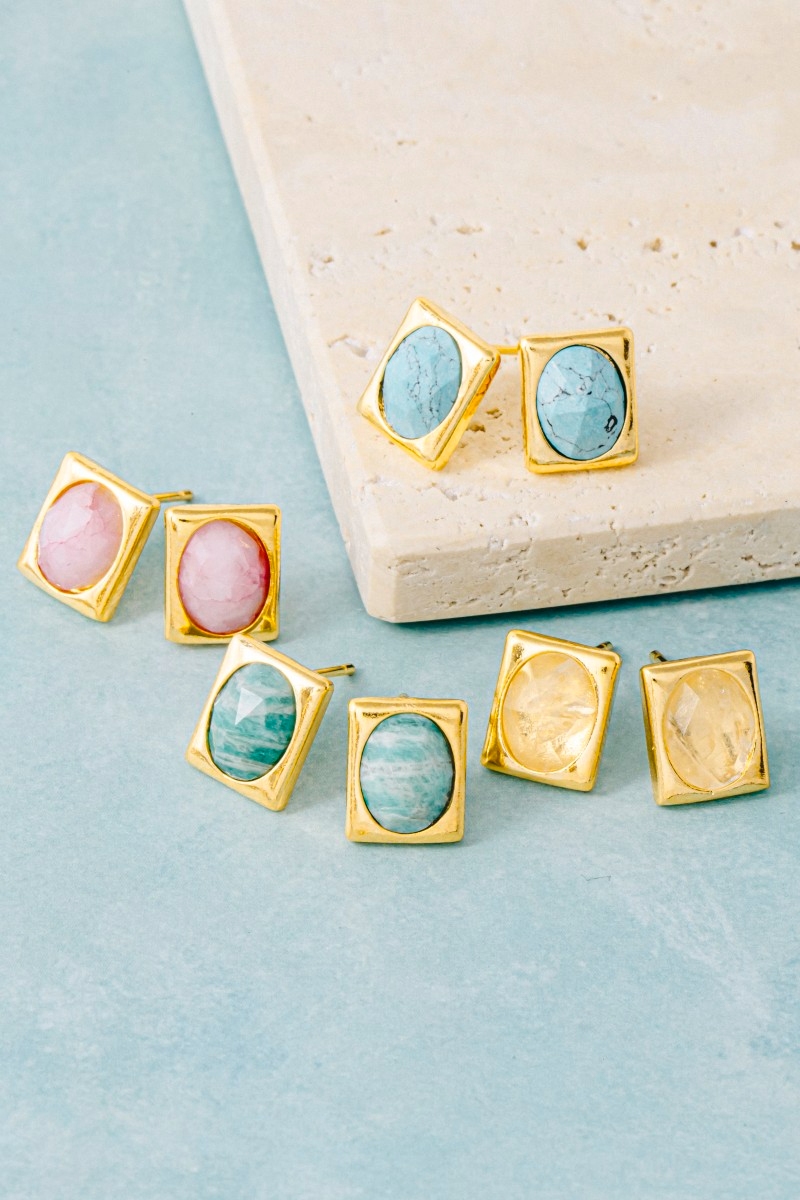 Gold Dipped Faceted Oval Gem Rectangle Stud Earrings