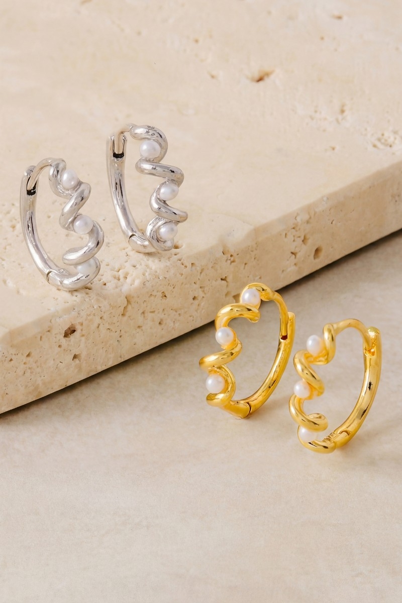 Gold Dipped Mini Pearl Studs Twisted Hoop Earrings
