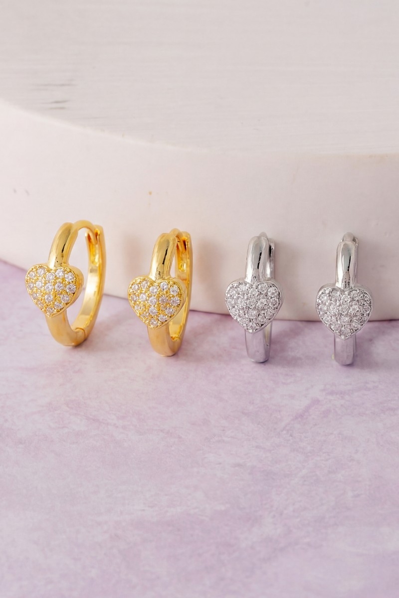 Gold Dipped Cz Pave Heart Hoop Earrings