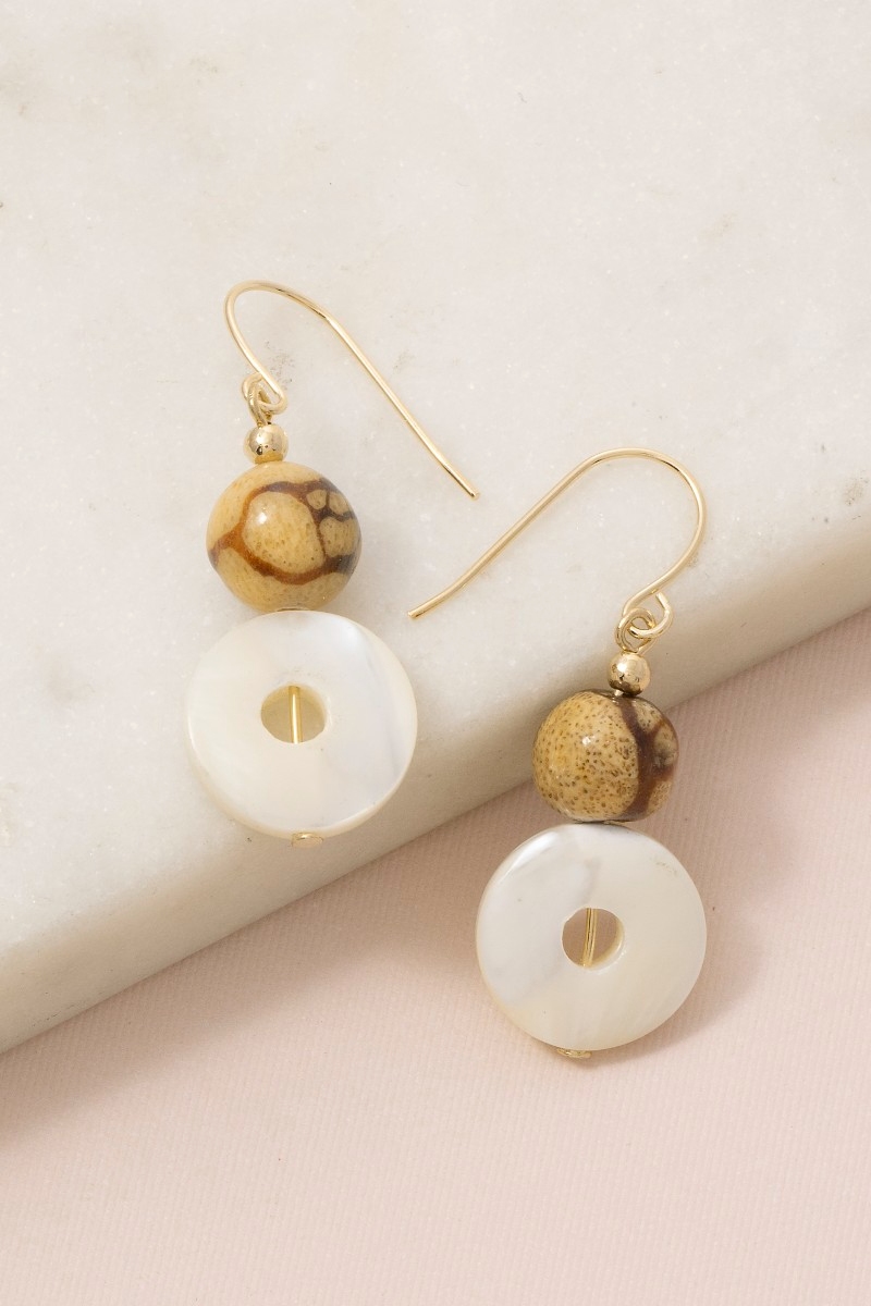Stone Bead Mother Of Pearl Disc Drop Earrings