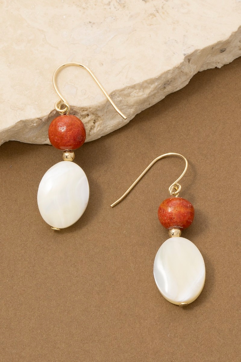 Red Stone Mother Of Pearl Oval Drop Earrings
