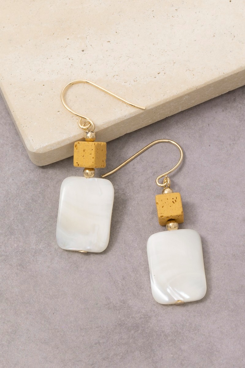 Gold Cube Bead Mother Of Pearl Drop Earrings