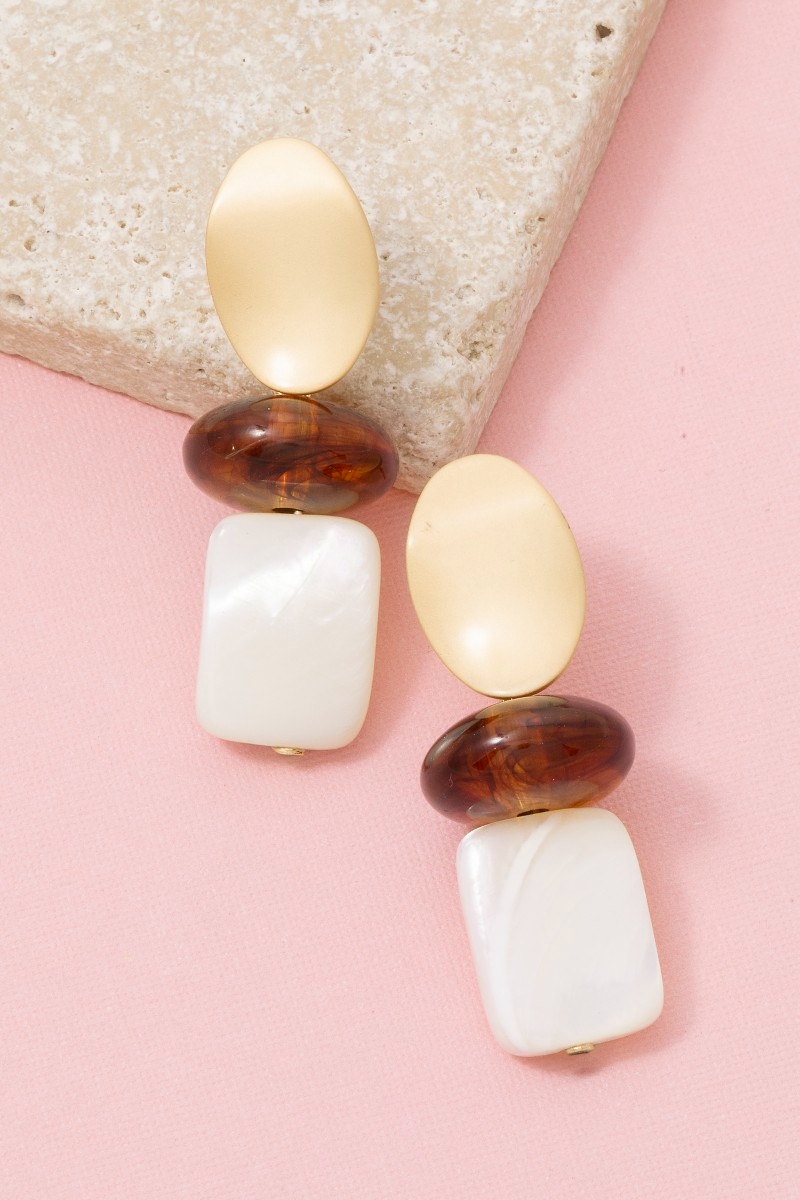 Ivory Resin Amber Bead Shell Drop Earrings