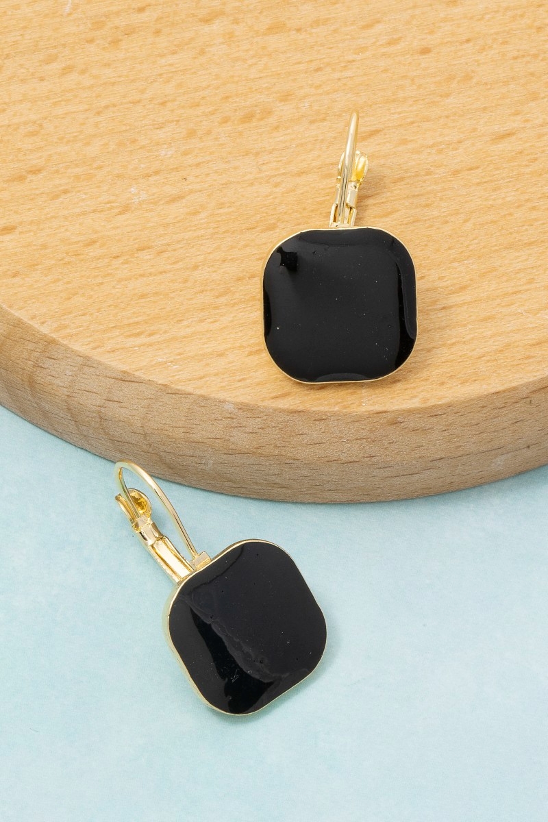 Gold Black Onyx Square Leverback Earrings