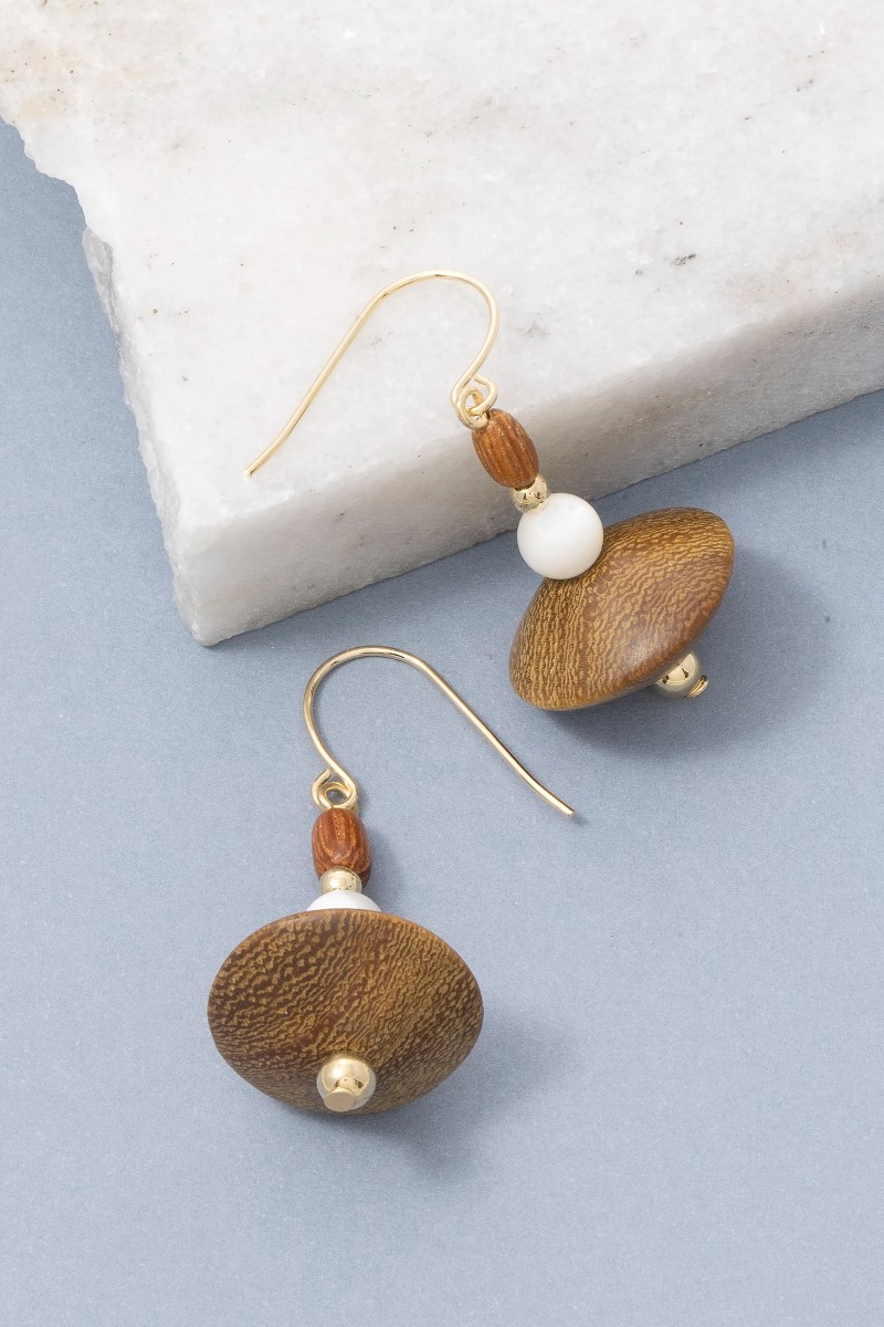 Wood Bead Natural Disc Drop Earrings