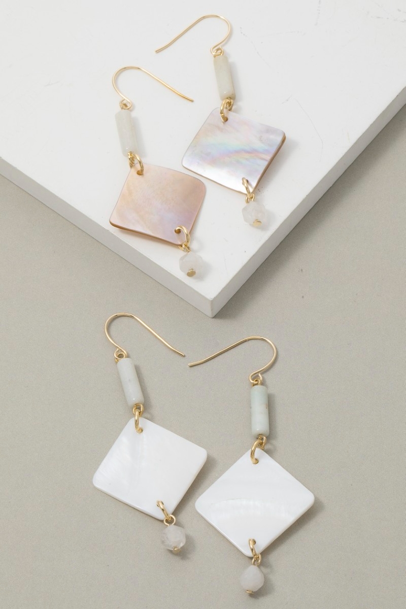 Ivory Shell Diamond Drop Bead Earrings