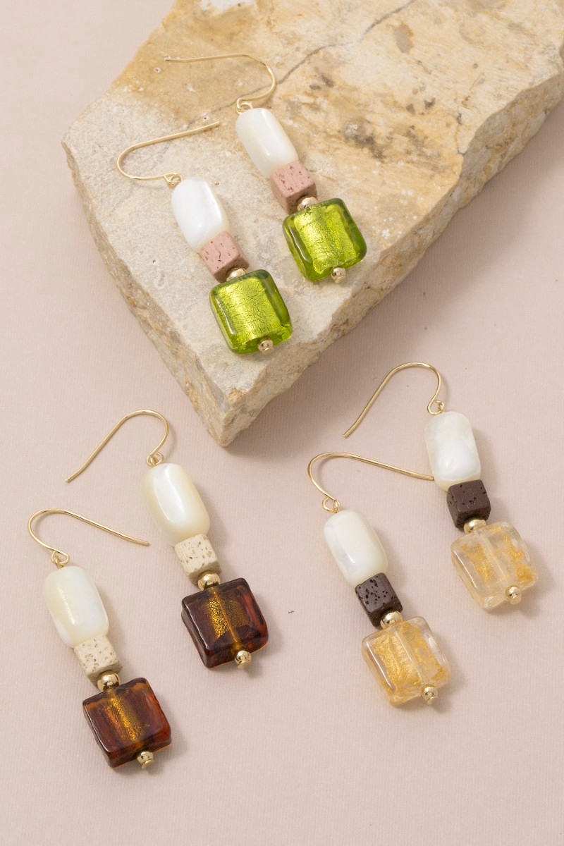 Pearl Lava Bead Amber Glass Drop Earrings