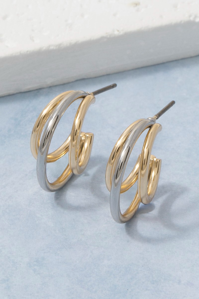 Two-Tone Triple Huggie Hoop Earrings