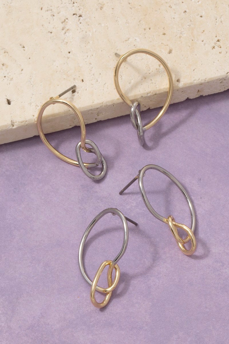 Two Tone Linked Circle & Oval Ring Drop Earrings