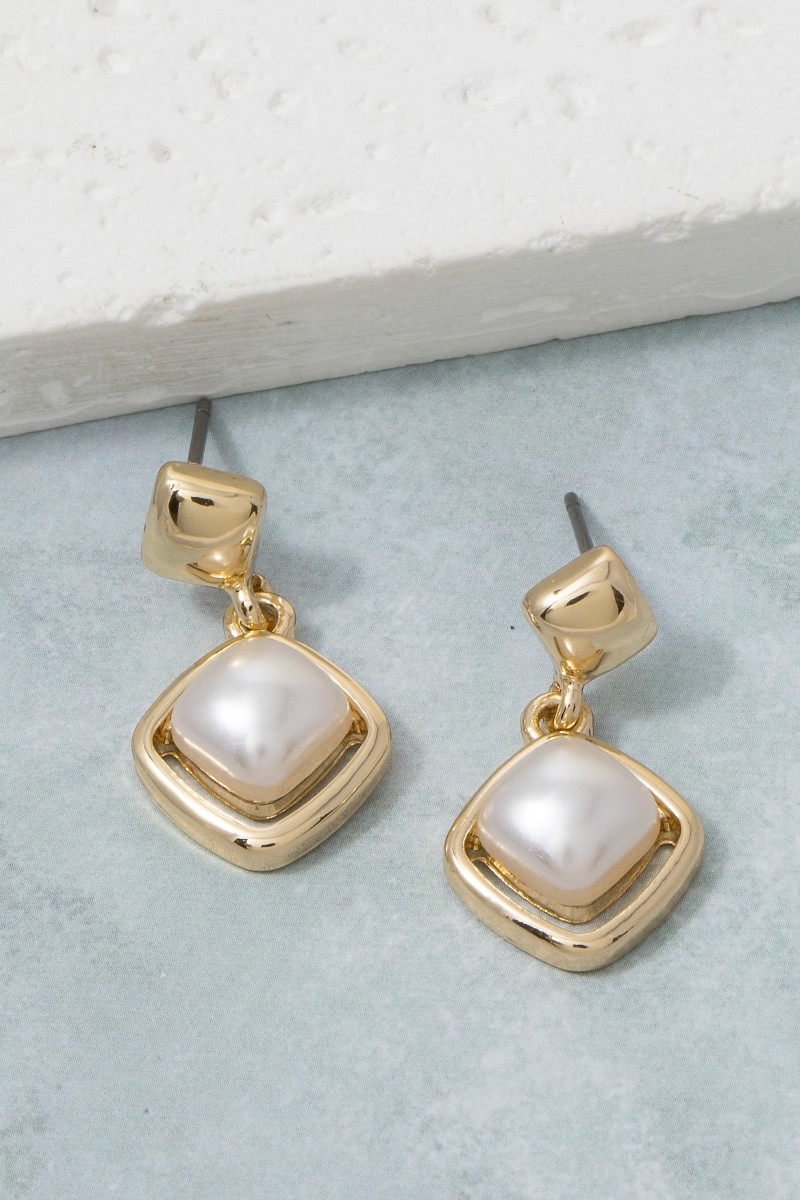 Square Pearl In Diamond Frame Drop Earrings