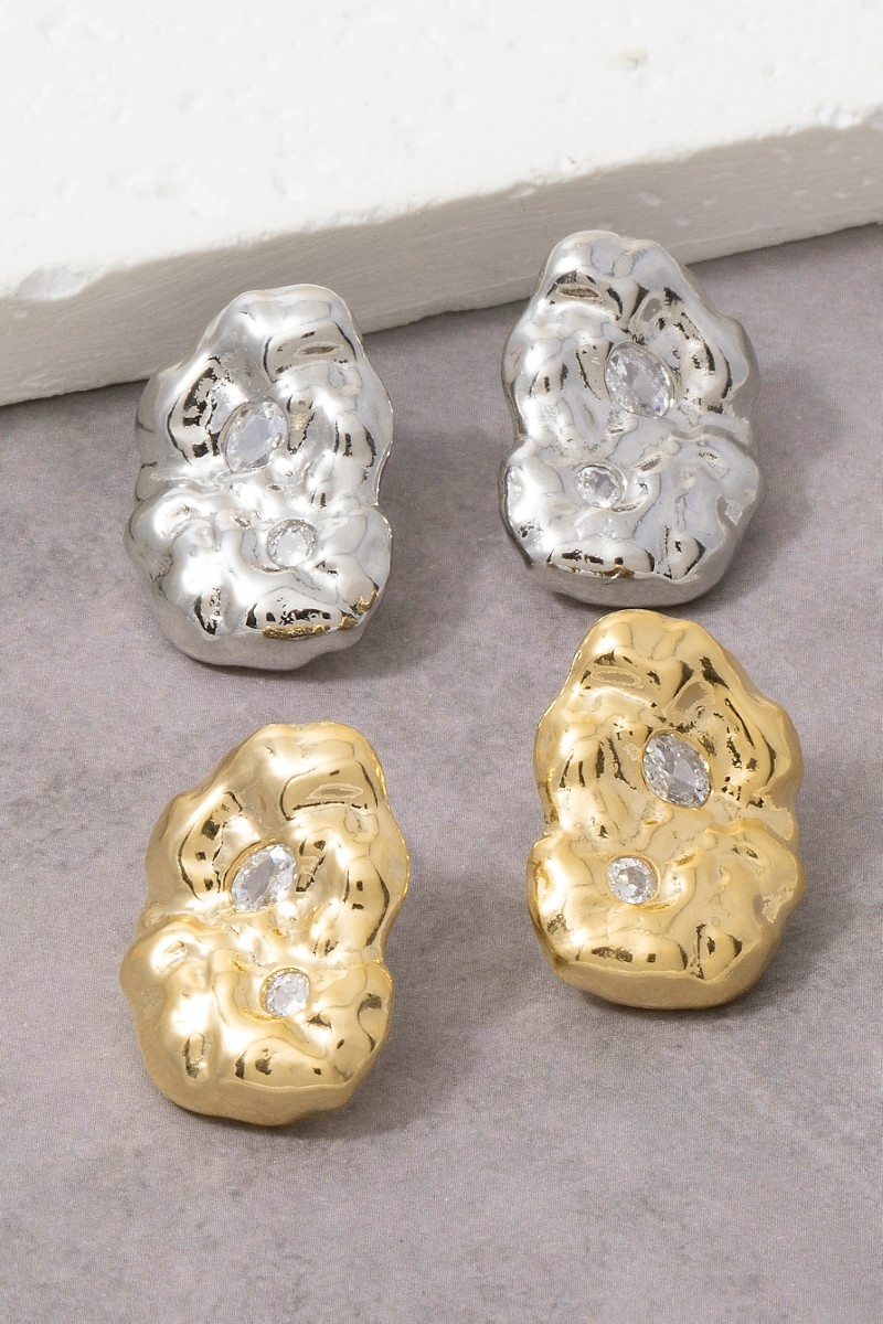 Hammered Nugget Stud Earrings With Cz Accent