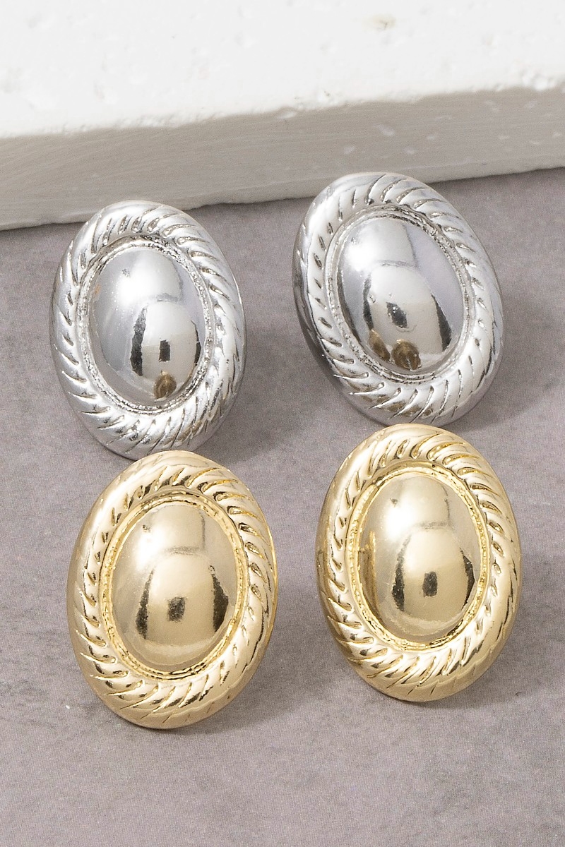 Oval Dome Stud Earrings With Rope Border