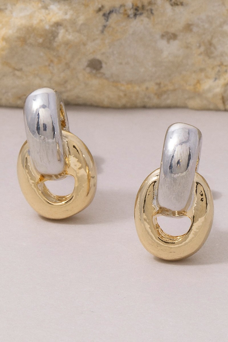 Two-Tone Linked Oval Huggie Drop Earrings
