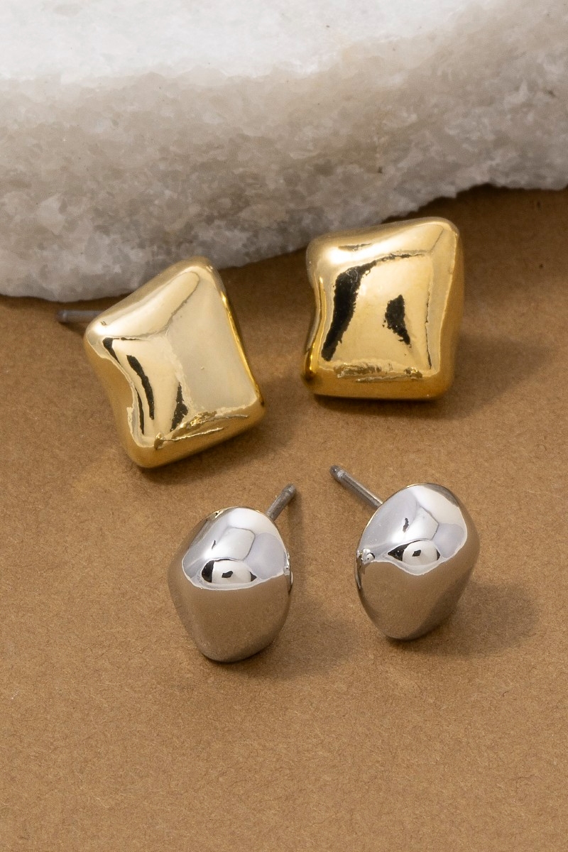 Two Tone Square & Nugget 2 Pair Stud Earring Set