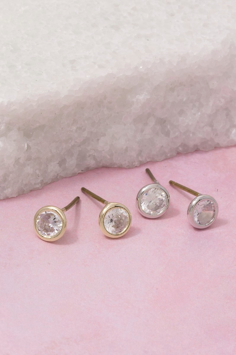 Round Cz Bezel Stud Earrings