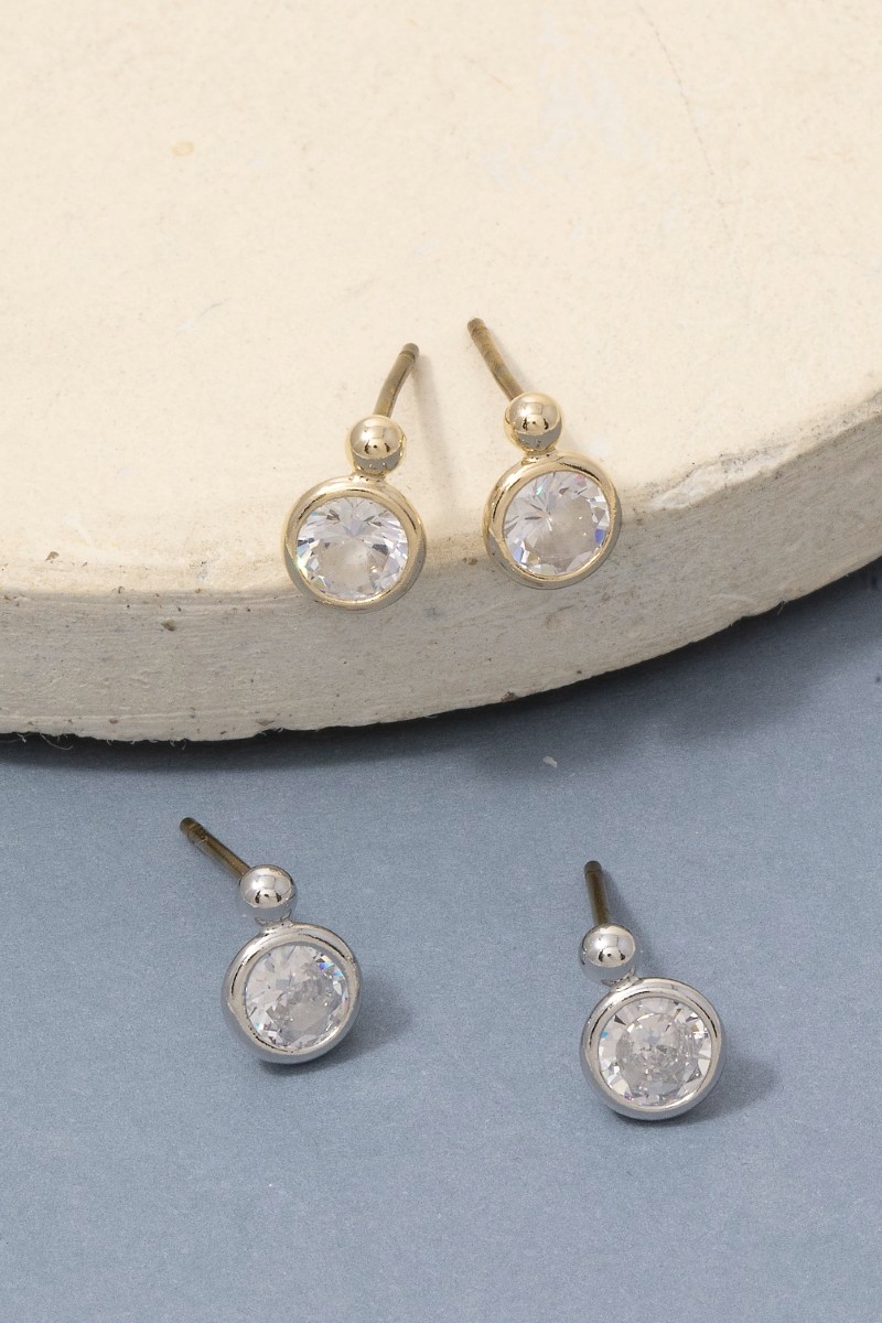 Round Cz Bezel Ball Top Stud Earrings