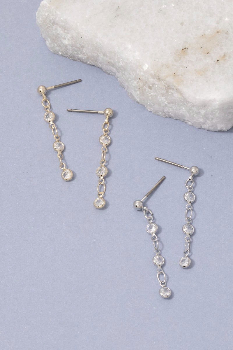 Triple Cz Station Chain Drop Earrings