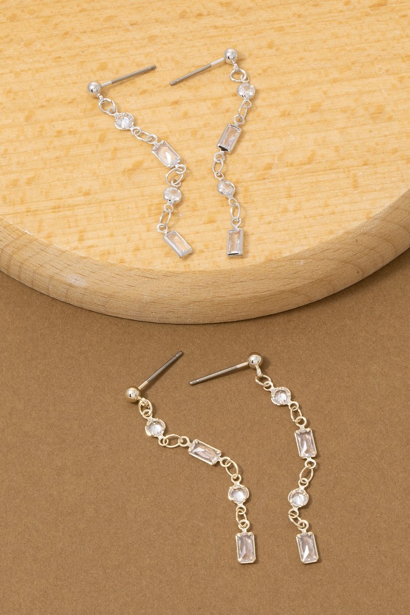 Mixed Round & Baguette Cz Chain Drop Earrings