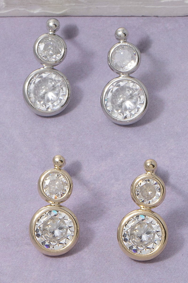 Double Round Bezel Cz Drop Earrings