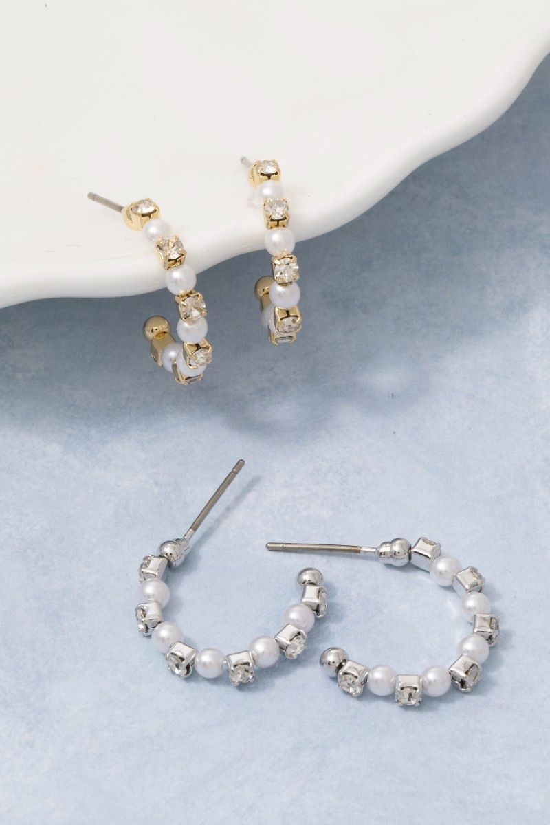 Pearl & Cz Alternating Open Hoop Earrings