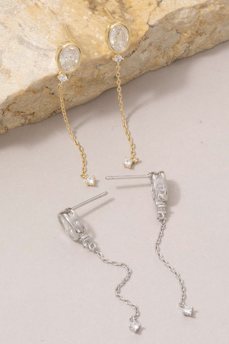 Oval Cz Bezel Stud With Long Chain Tassel Drop Earrings