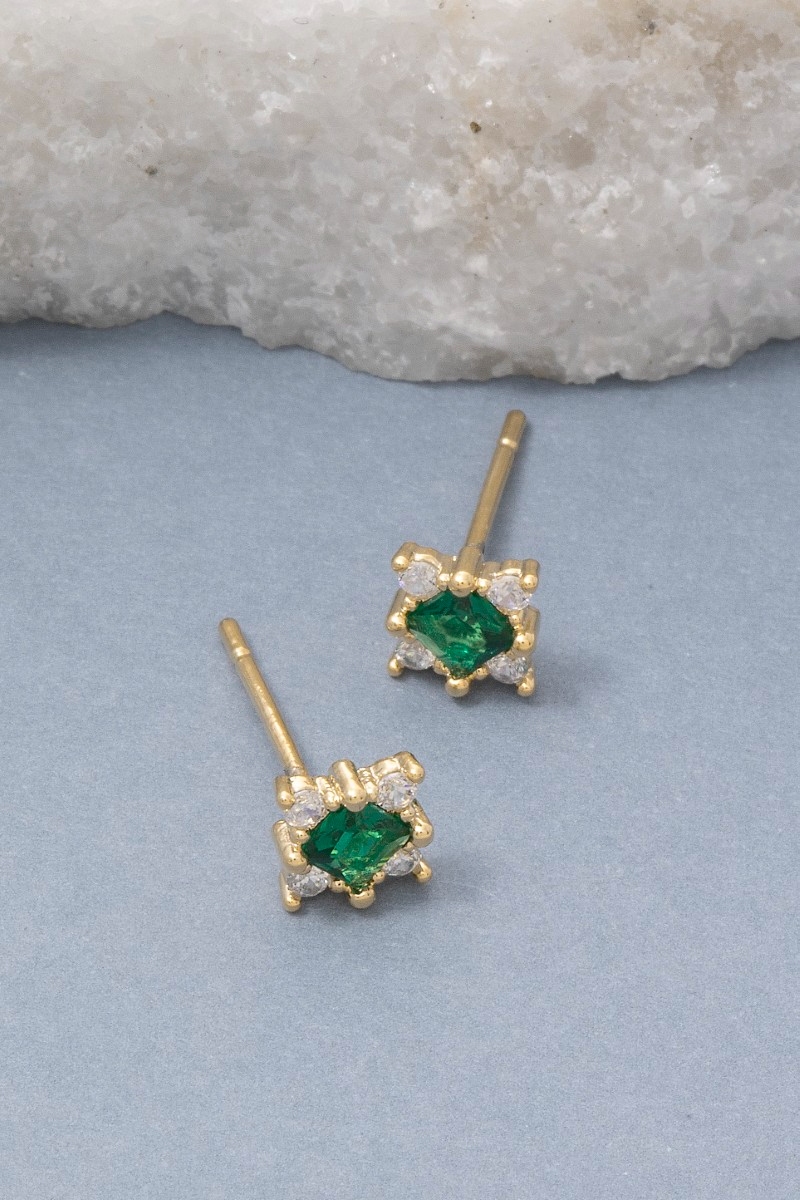Gold Emerald Green Cz Star Stud Earrings