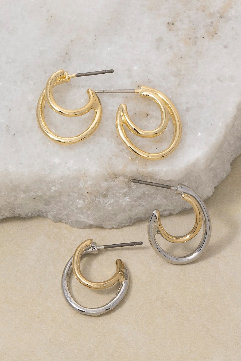 Two-Tone Double Curved Bar Huggie Earrings