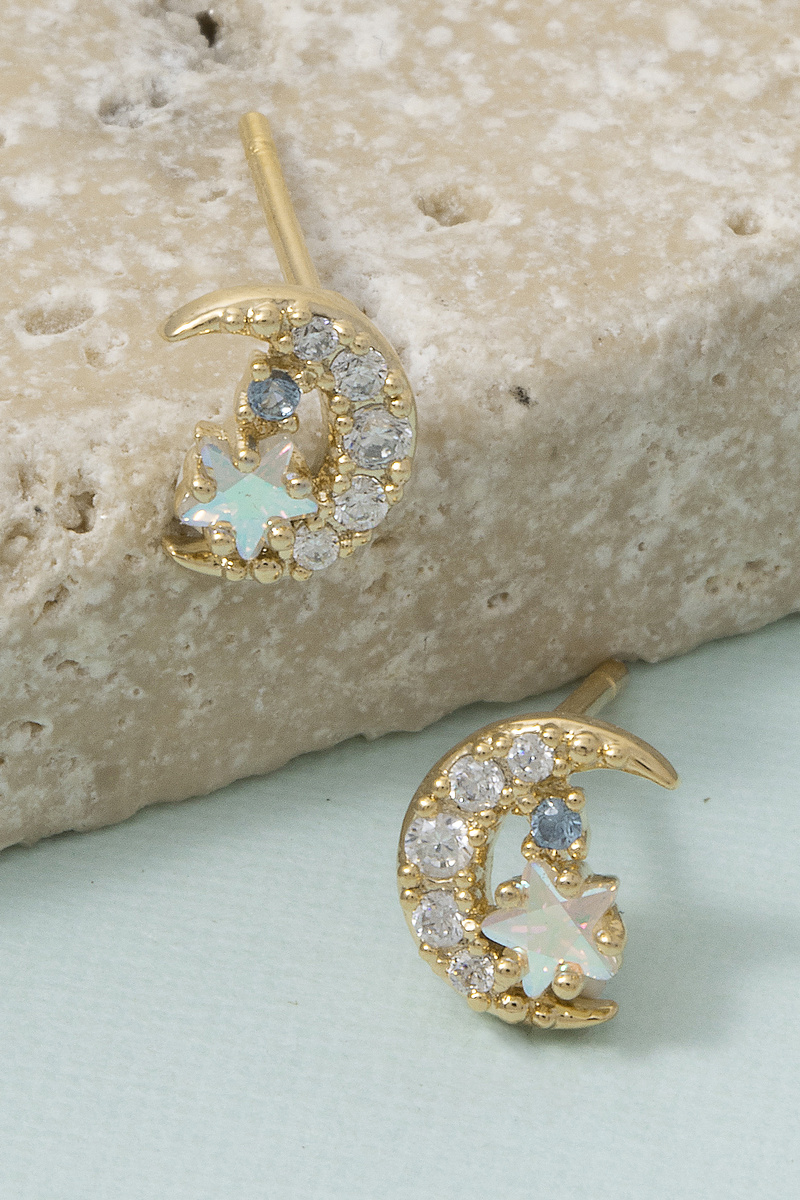 Cz Crescent Moon Star Cluster Stud Earrings