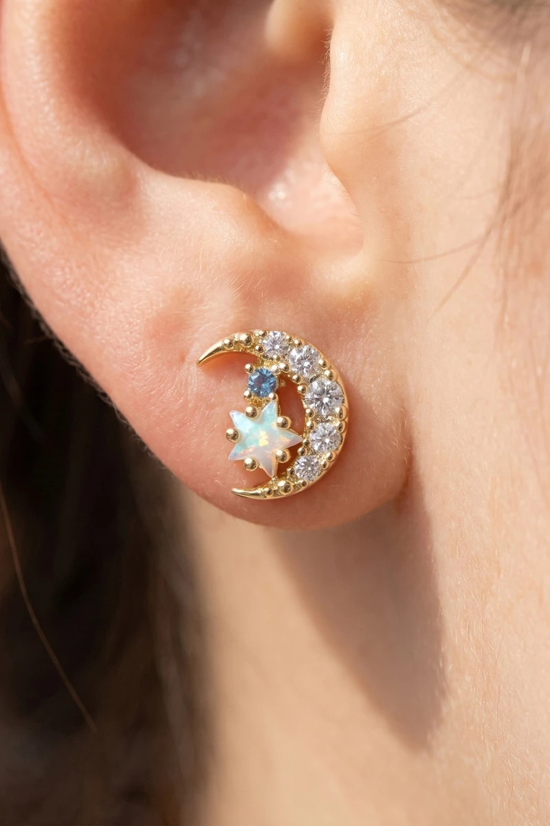Gold Cz Crescent Moon And Star Stud Earrings
