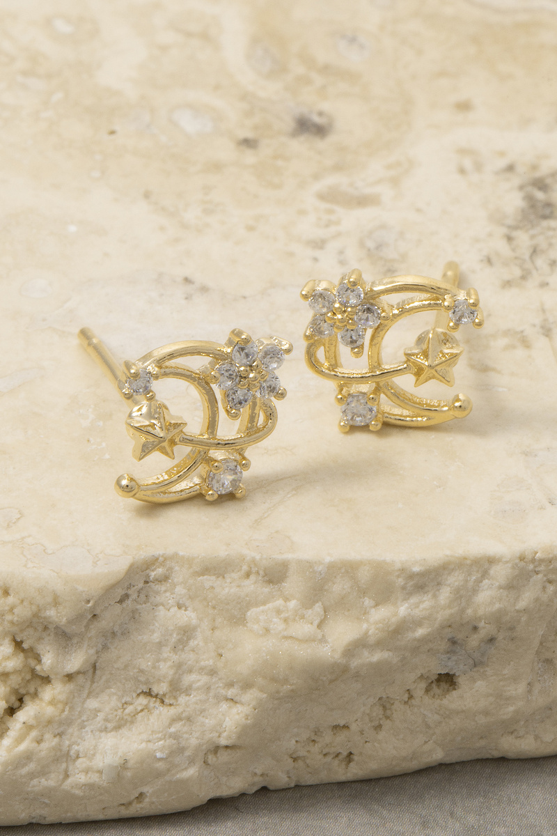 Cz Double Crescent Moon Flower Stud Earrings