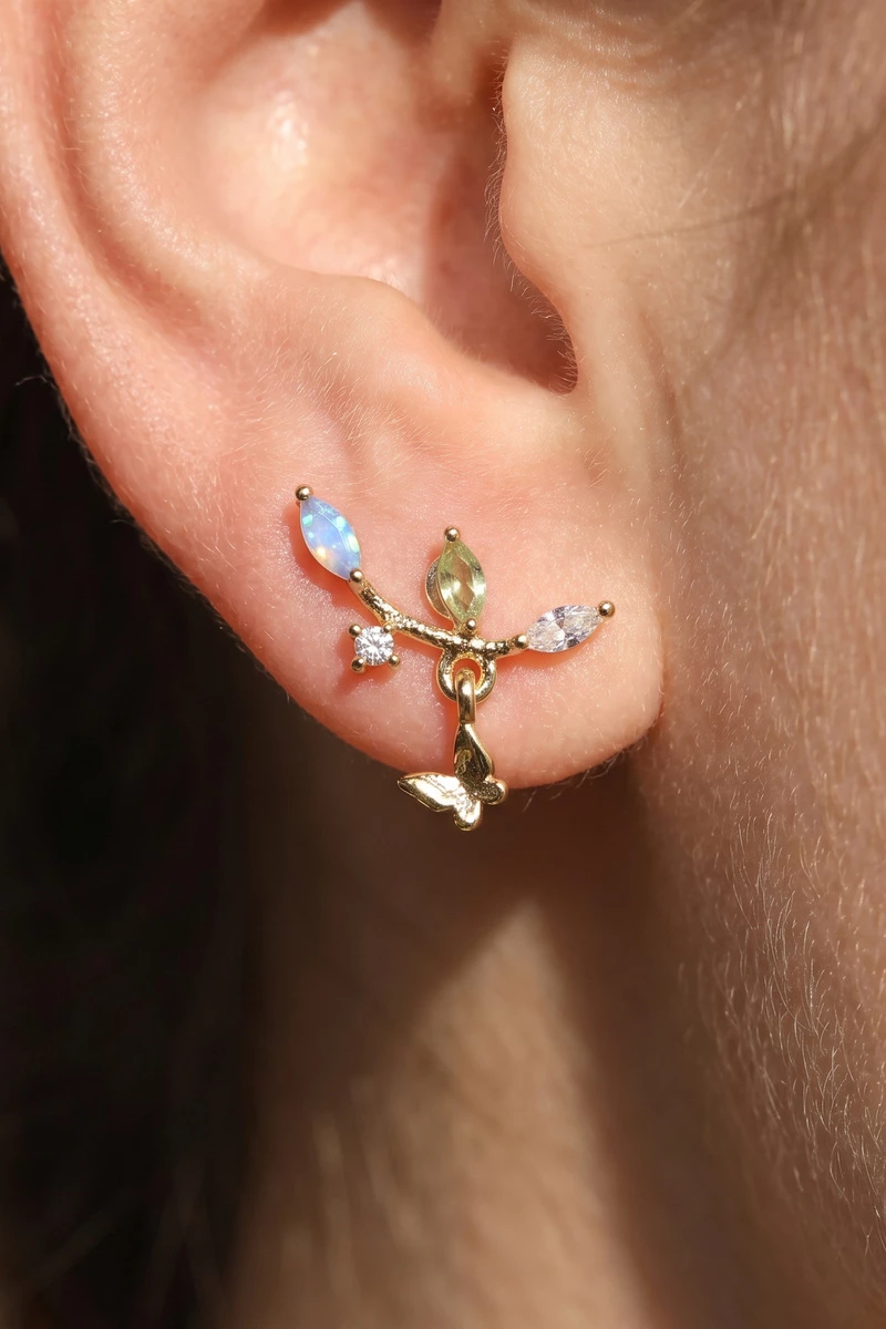 Cz Butterfly Charm Branch Dangle Earrings