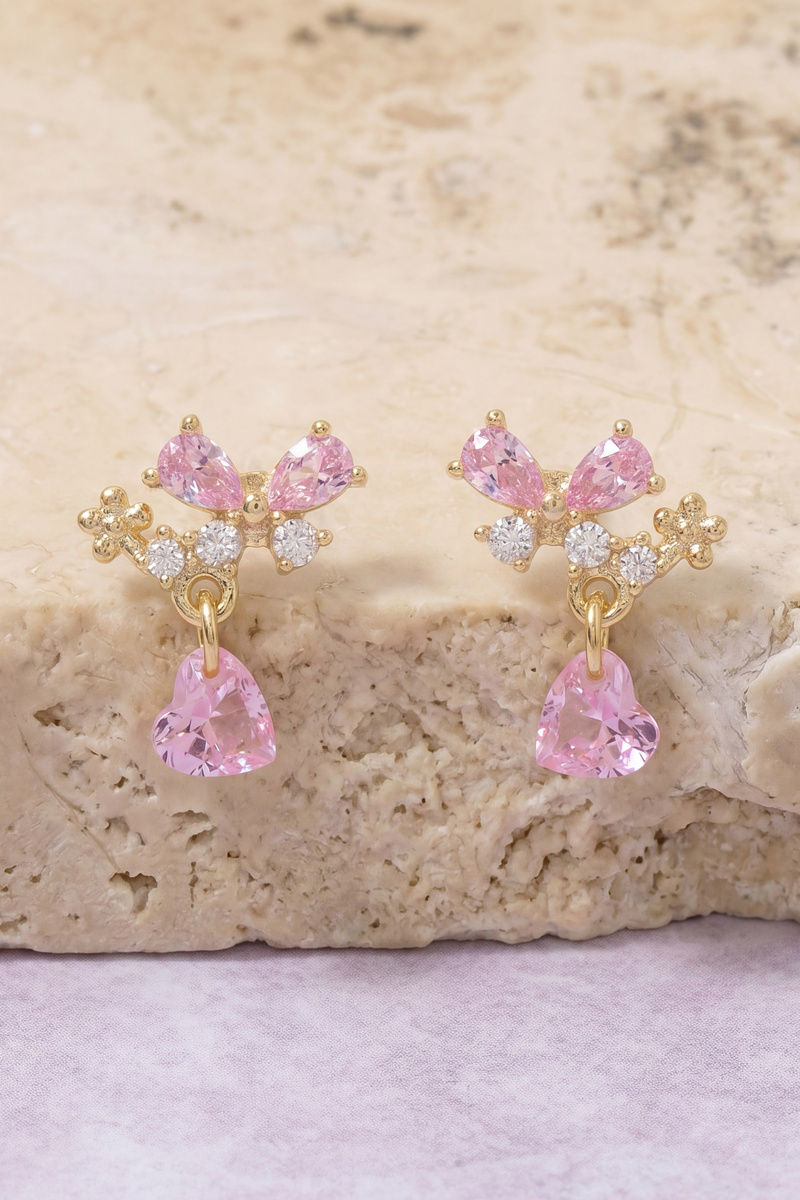Cz Pave Butterfly Heart Drop Stud Earrings