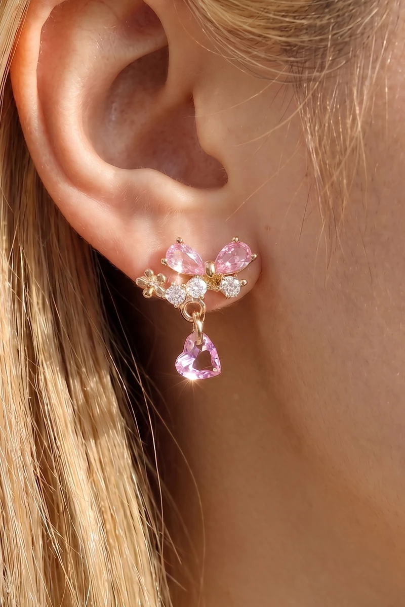 Gold Pink Cz Cluster Drop Stud Earrings