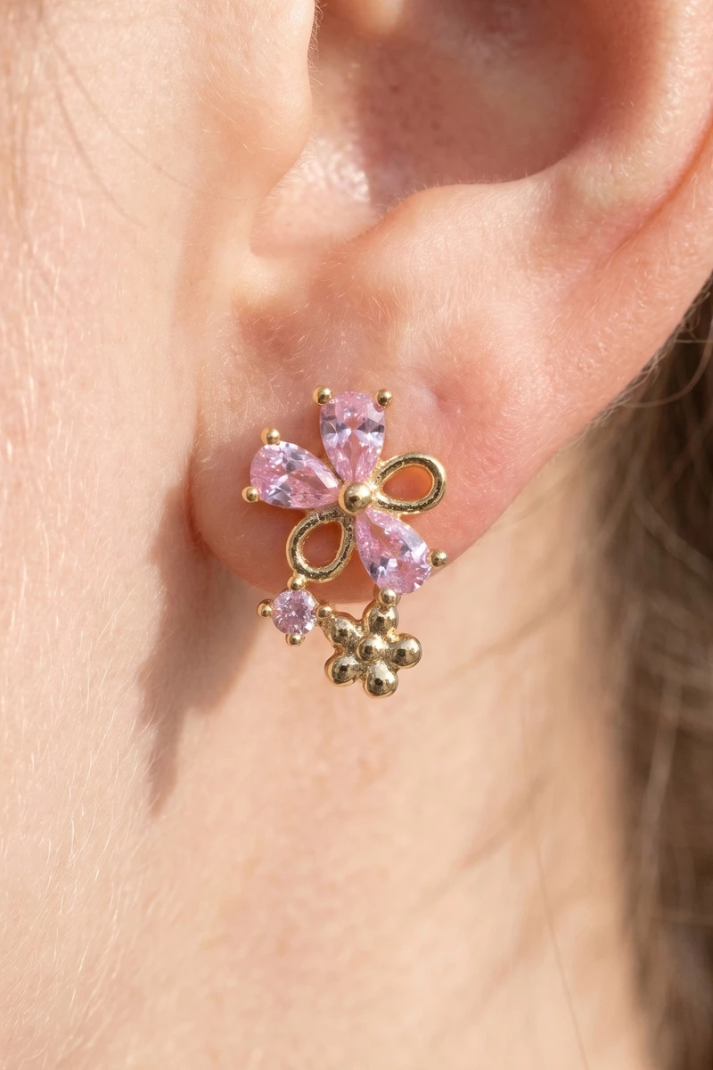Cz Bow And Flower Cluster Stud Earrings