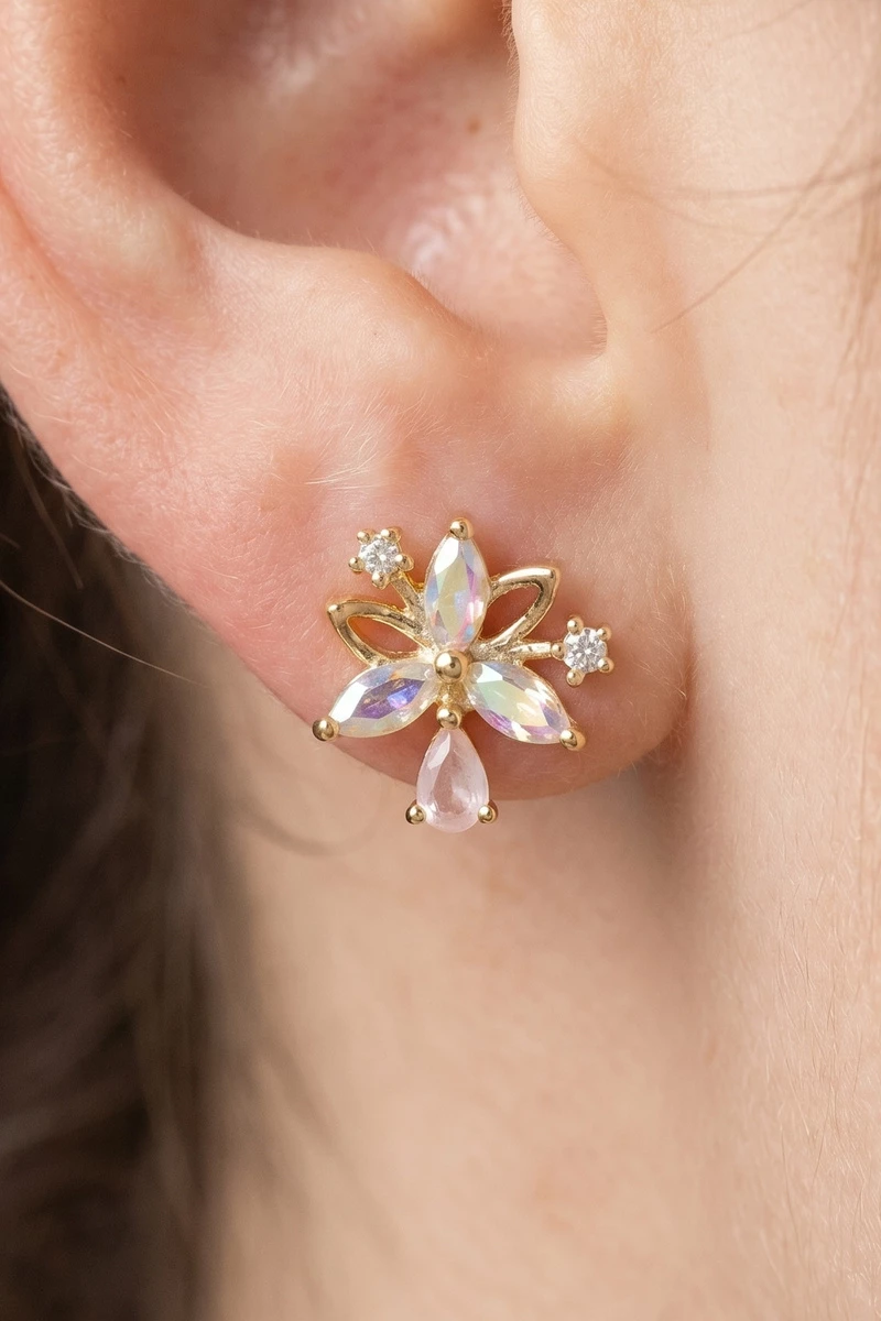 Gold Iridescent Cz Floral Spray Stud Earrings