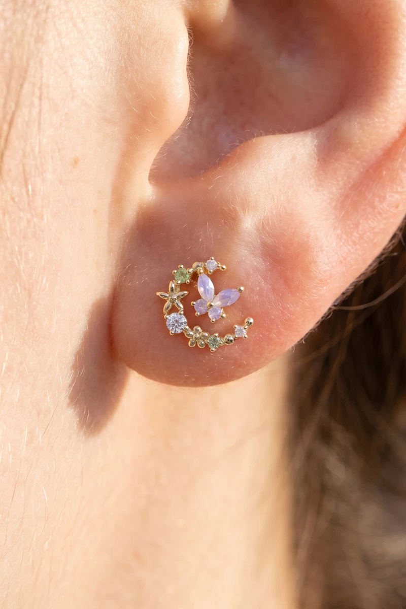 Cz Butterfly Crescent Moon Star Cluster Earrings