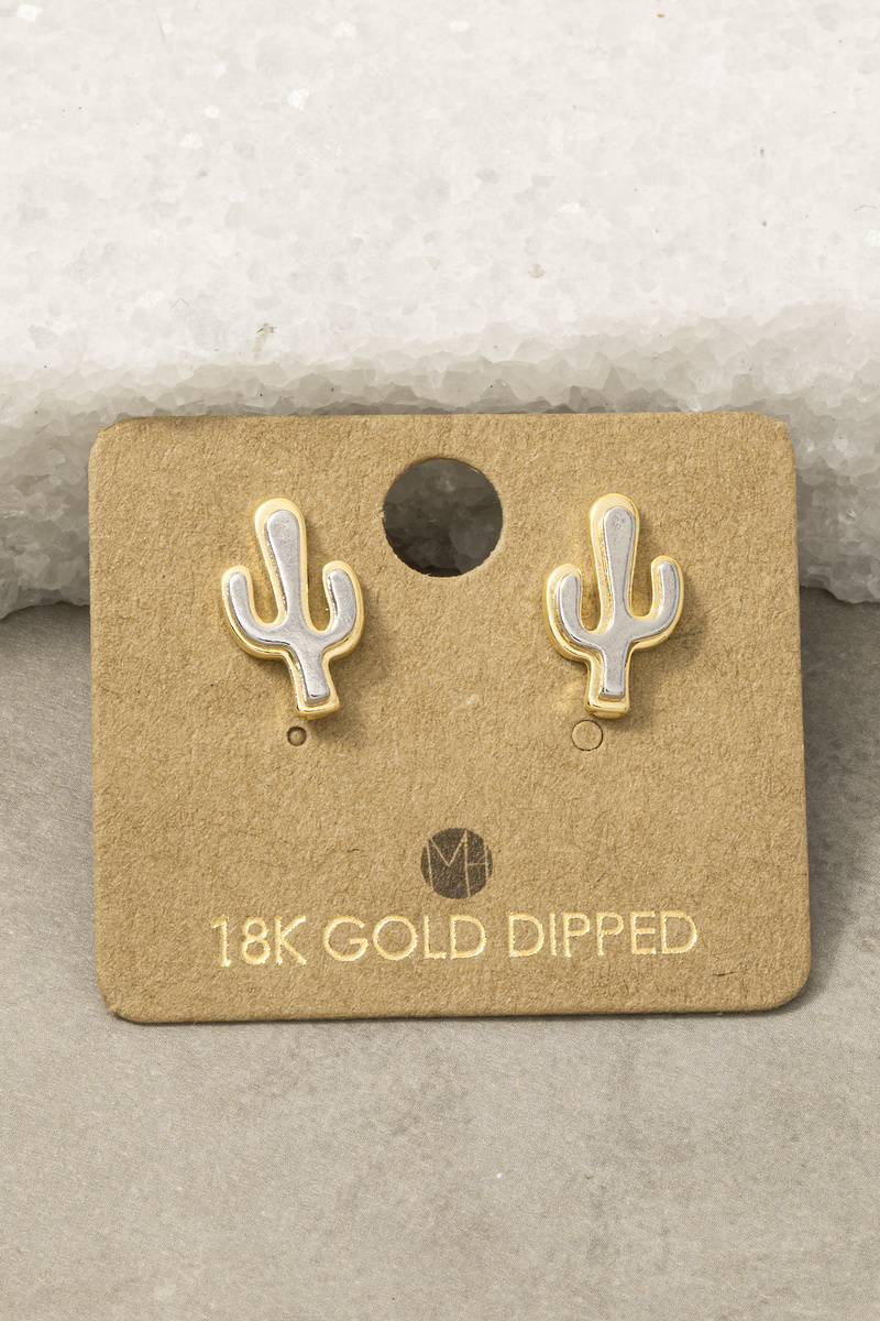 18K Gold Dipped Two Tone Cactus Stud Earrings