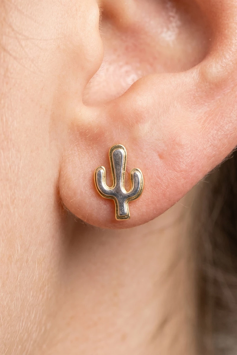 18K Gold Dipped Two Tone Cactus Stud Earrings