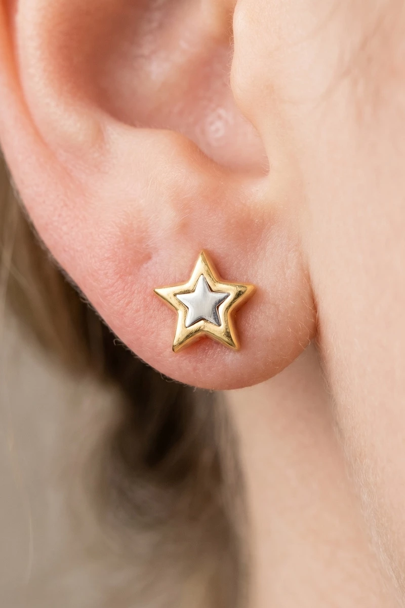 18K Gold Dipped Two Tone Star Stud Earrings