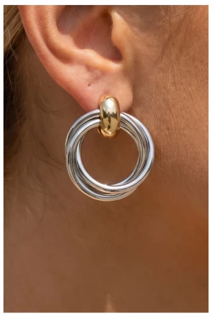 Two Tone Twisted Double Hoop Drop Earrings