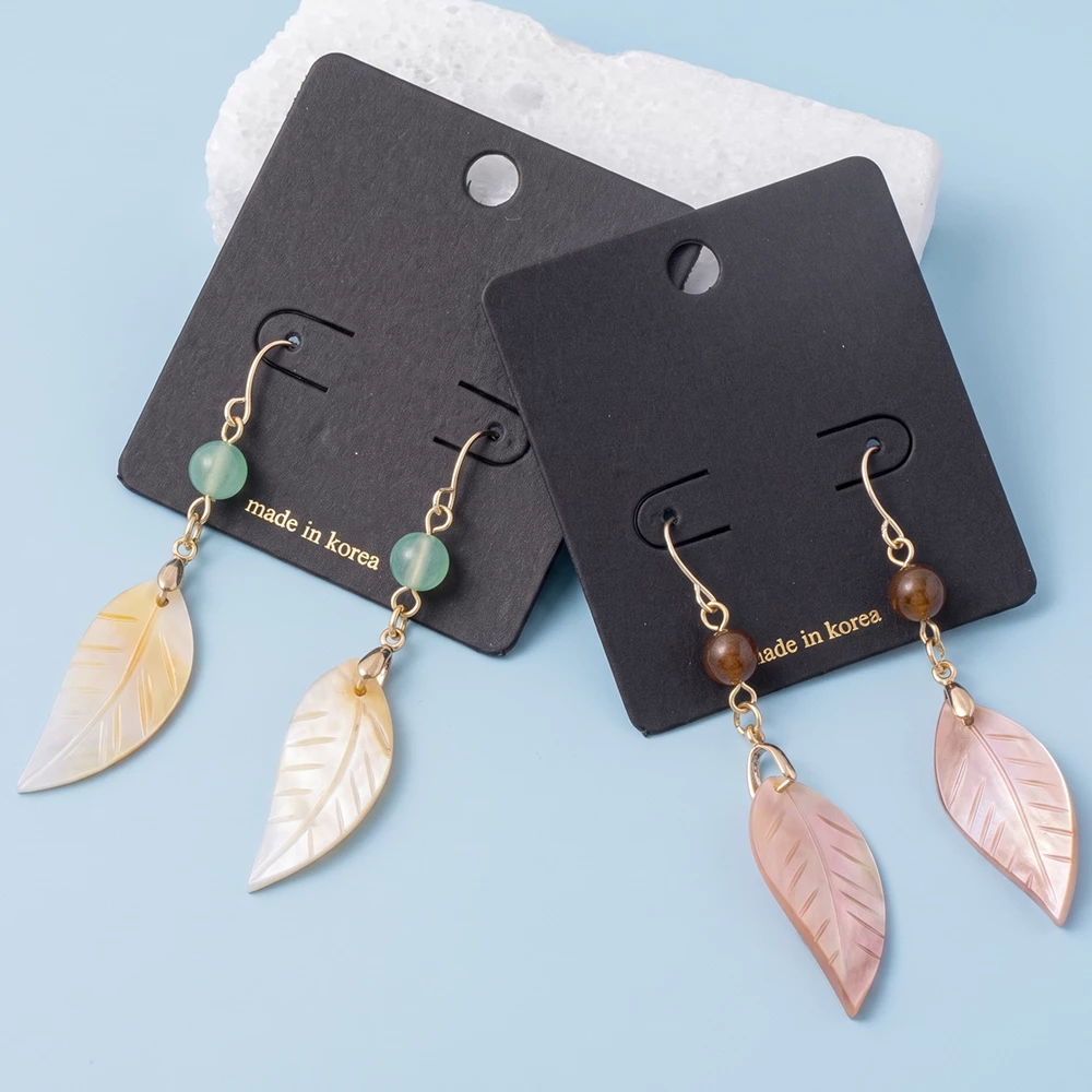 Carved Shell Leaf And Jade Bead Drop Earrings