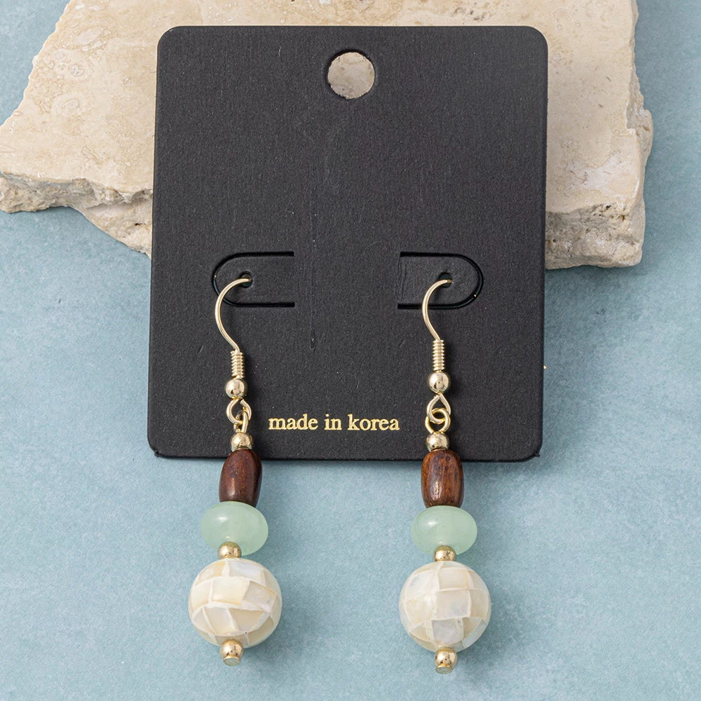 Wood Jade And Mosaic Shell Ball Drop Earrings