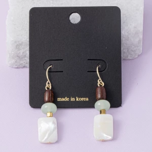 Wood Jade And Square Shell Tile Drop Earrings