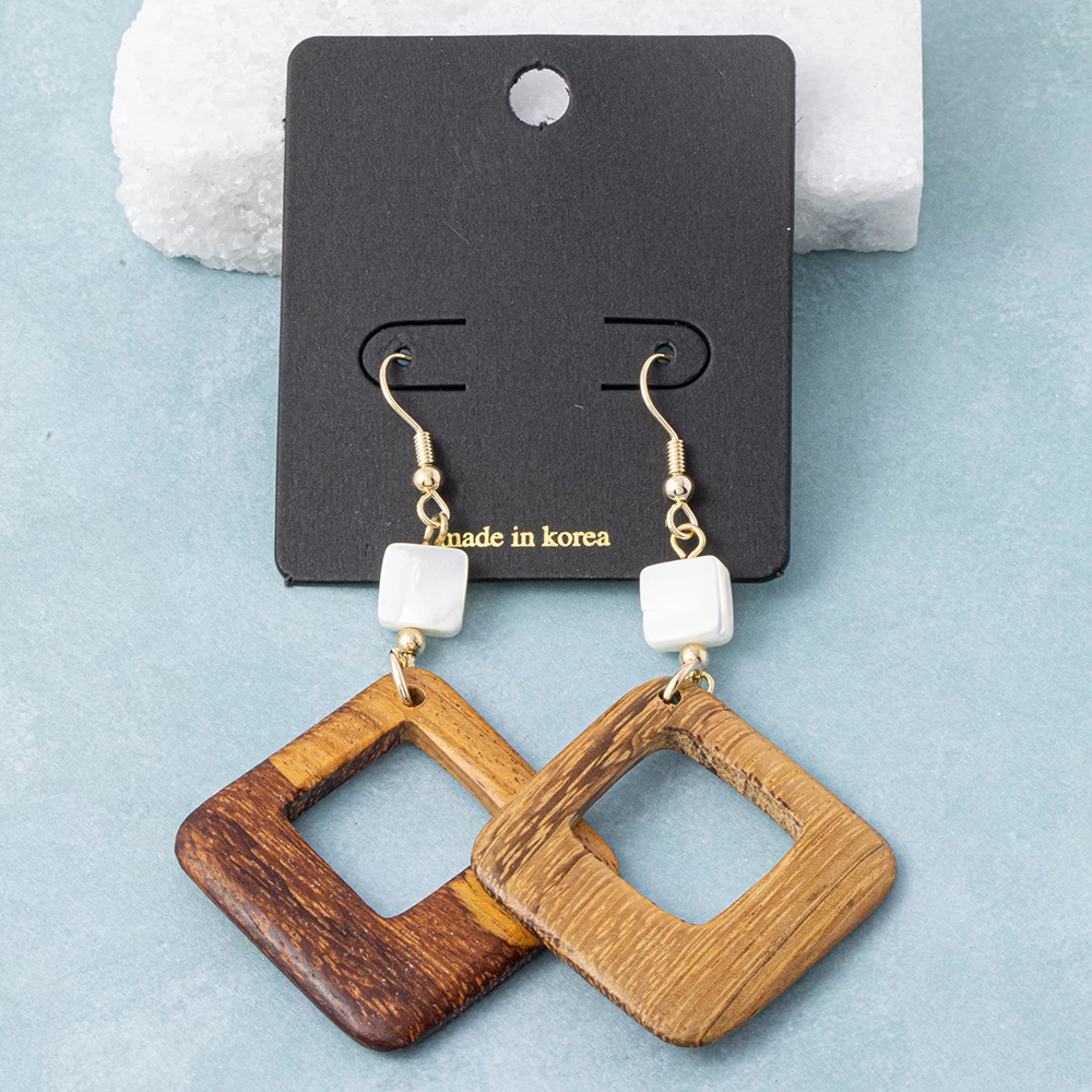 Shell Cube And Open Wood Diamond Drop Earrings