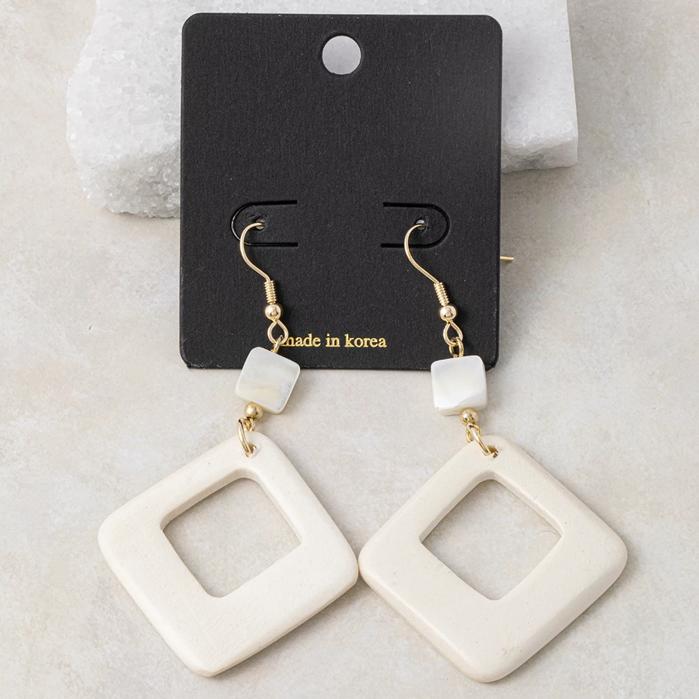 Shell Cube And Open Square Frame Drop Earrings
