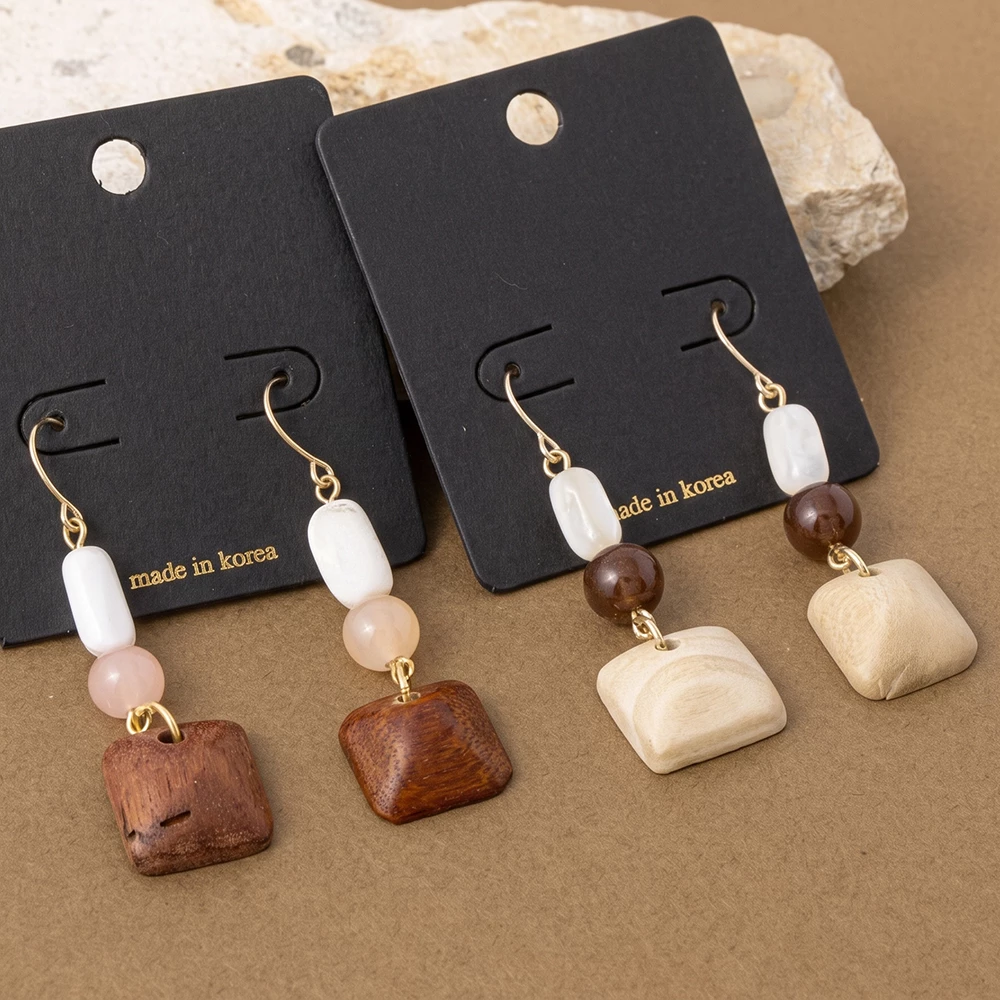 Shell Jade And Wood Square Tile Drop Earrings