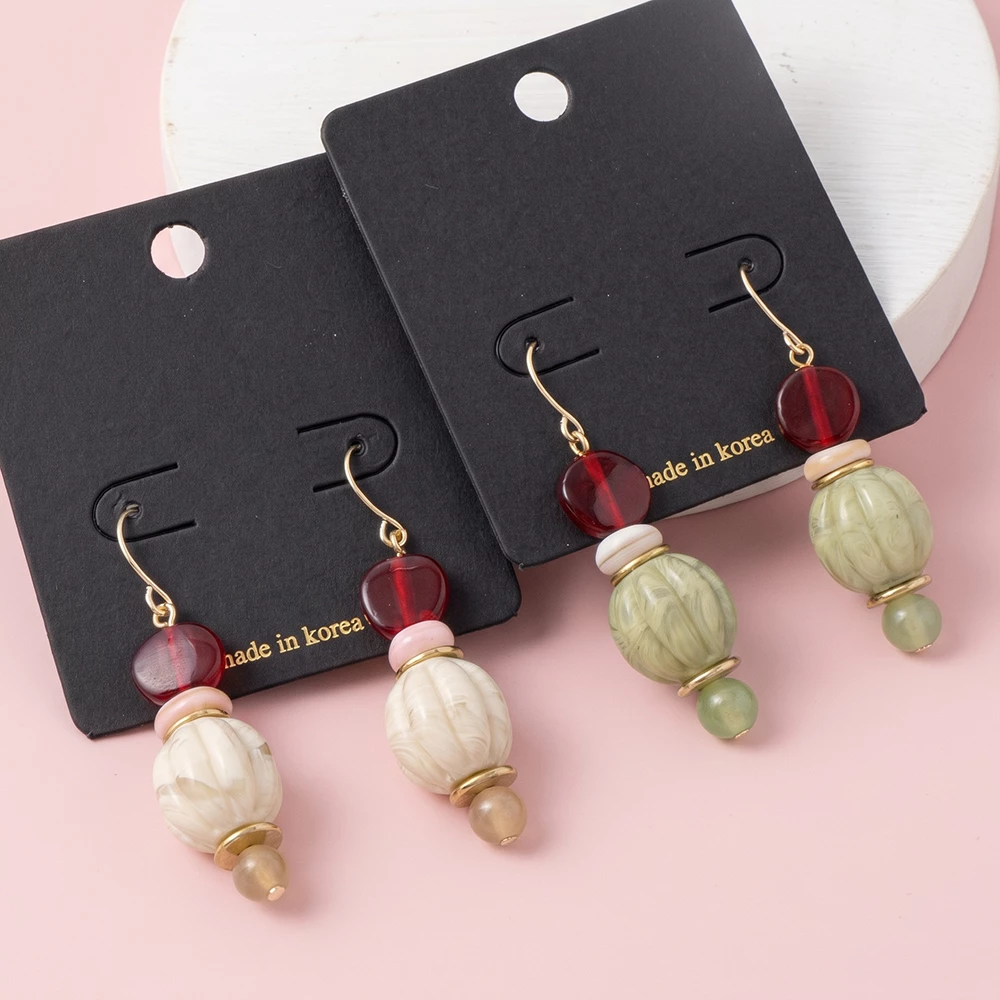 Carved Bone Ball And Jade Bead Drop Earrings