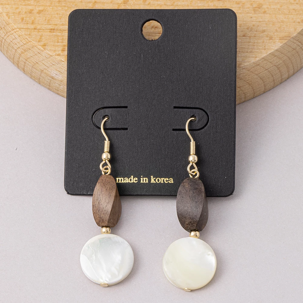 Wood Bead And Shell Coin Disc Drop Earrings