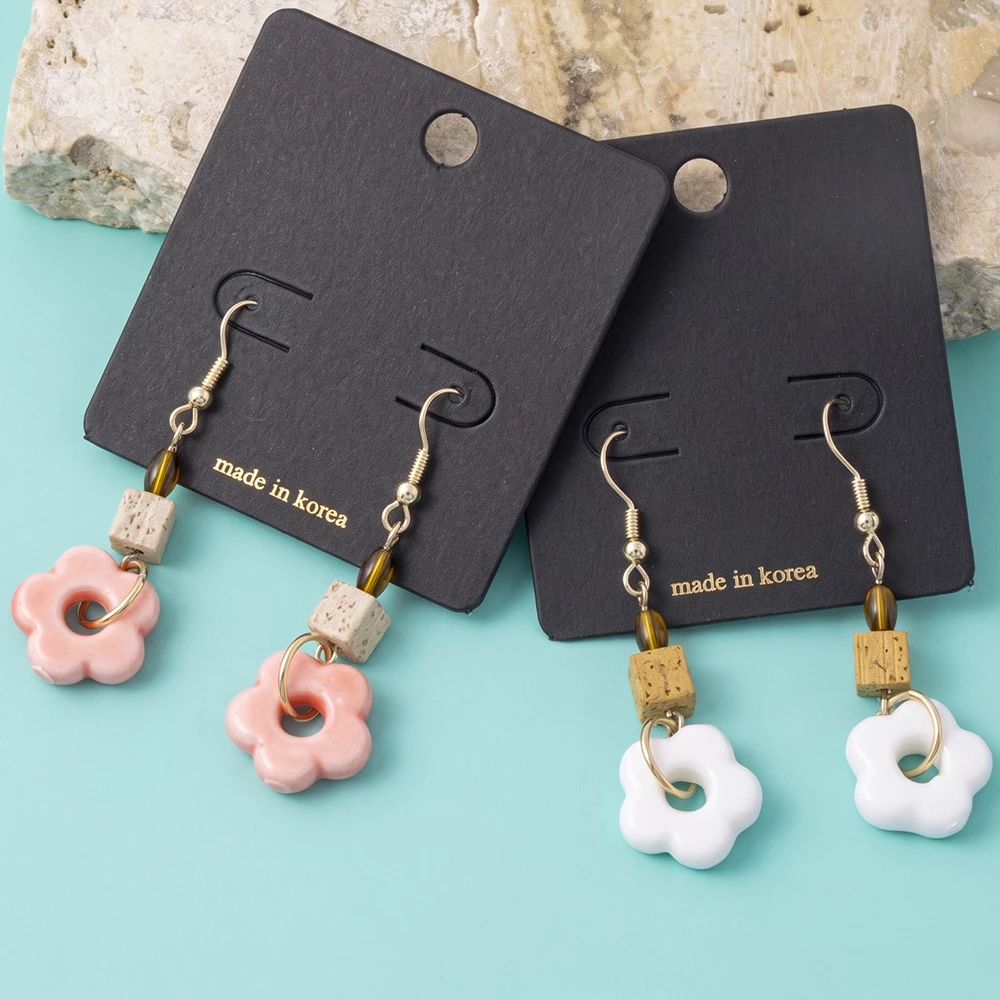 Ceramic Flower And Stone Bead Drop Earrings
