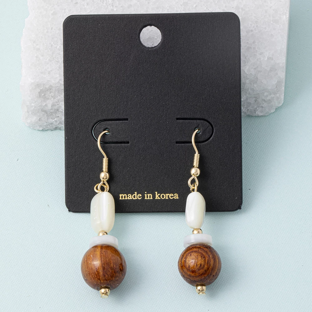 Shell Bead And Round Wood Ball Drop Earrings